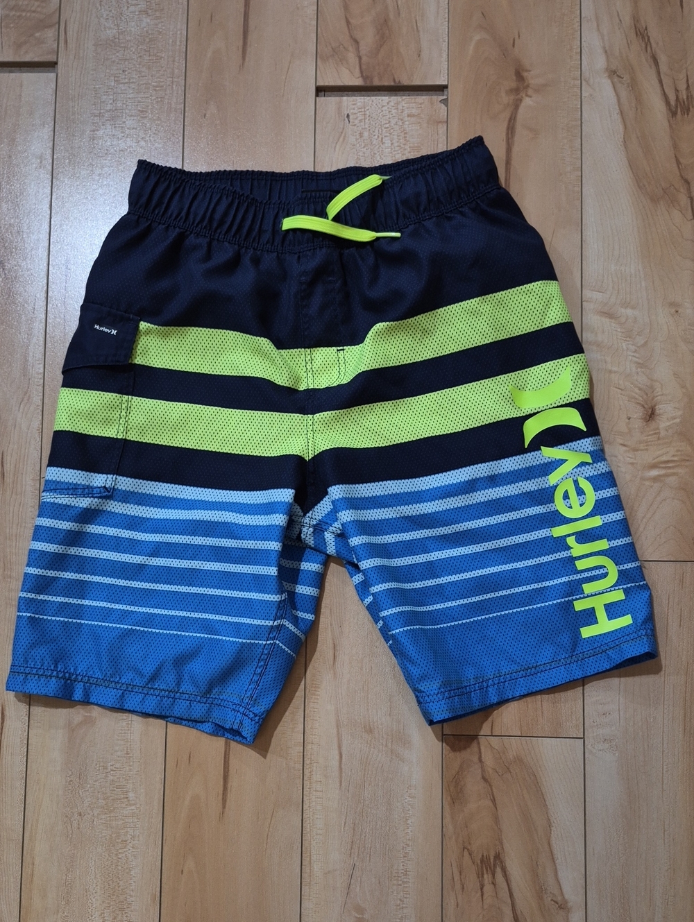 Boys Size 10/12 Hurley Navy, Lime & Blue Striped Swim Shorts